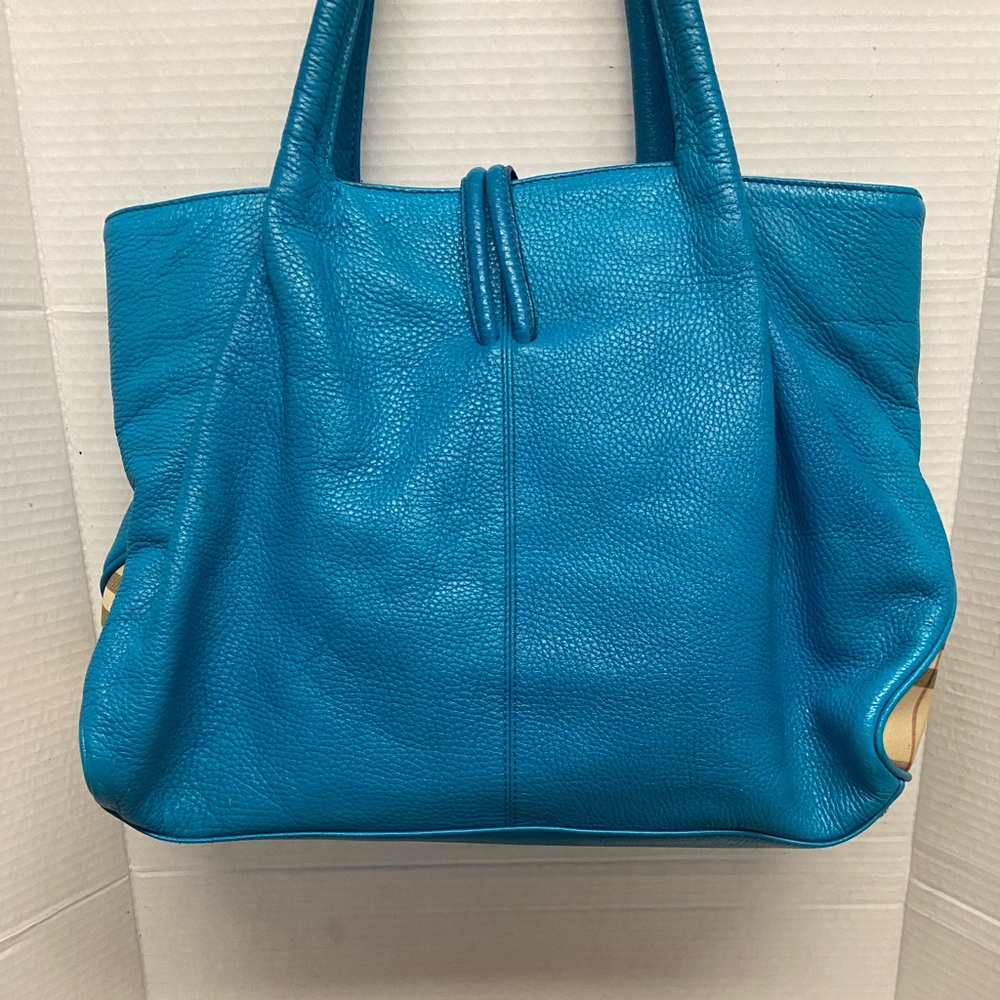 Burberry Turquoise Pebbled Leather Tote bag w/ Nova Check Sides